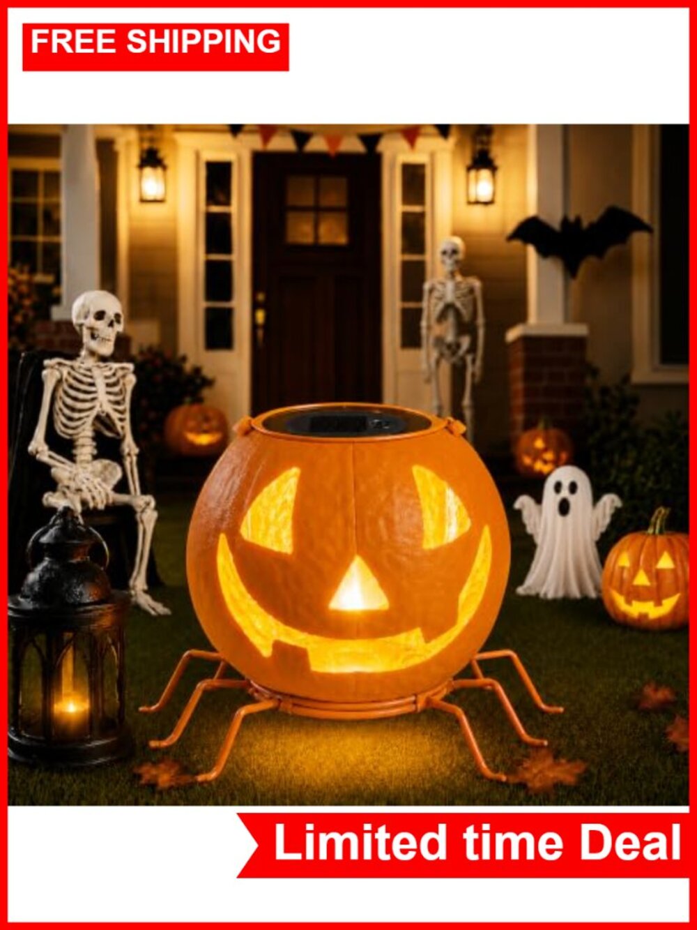 Solar Pumpkin Halloween Lights Outdoor Decor Jack o Lantern Spider Legs